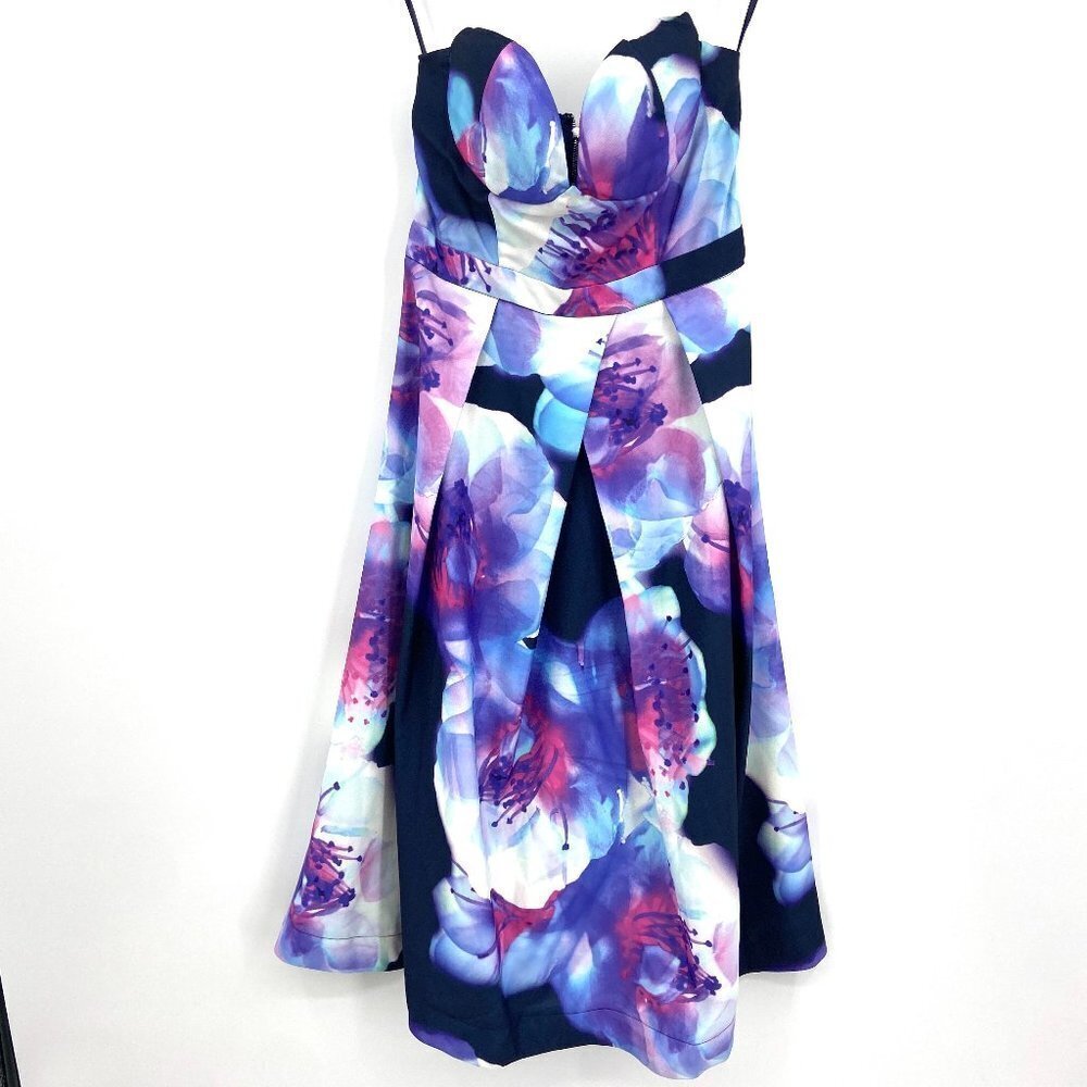 HELLO MOLLY Blue Purple Floral Abstract Print Pleated Strapless Midi Dress Small